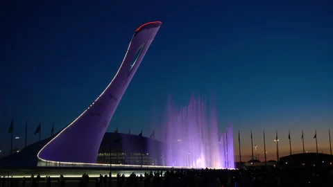 Fountain With Multi-Color Backlight. 4K pro quality Stock Footage 90247690