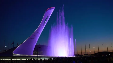 Fountain With Multi-Color Backlight. 4K pro quality Stock Footage 90247712