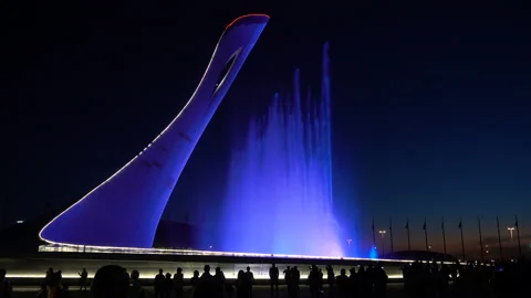 Fountain With Multi-Color Backlight. 4K pro quality Stock Footage 90247848