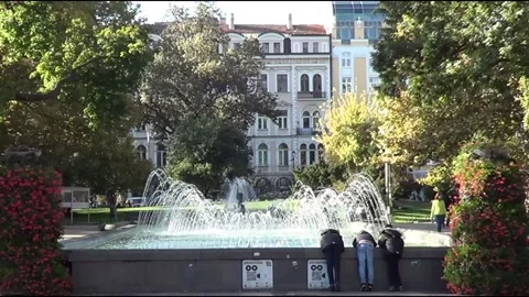 Fountain near opera theatre in Sofia, Bulgaria Stock Footage 330072593
