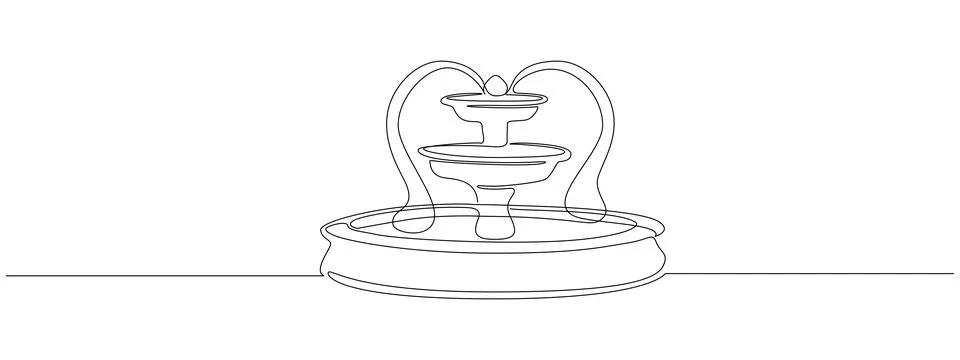 Fountain in one continuous line drawing. Old architecture with waterfall in Stock Illustration