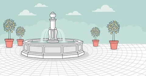 Fountain in Park with Potted Trees Ilustração Stock