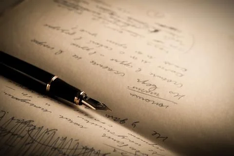 Fountain pen on text sheet paper Stock Photos