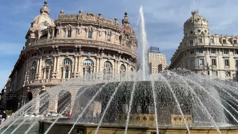 Fountain Piazza De Ferrari square, Stock Exchange building Genova, Genoa, Italy Stock Footage 154886296