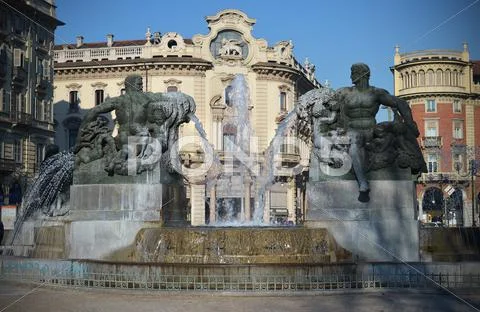 Fountain in piazza solferino, turin, italy Stock Photos