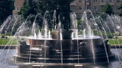 Fountain by sculptor E. Vuchetich in the center of Teatralnaya Square Stock Footage 159443524