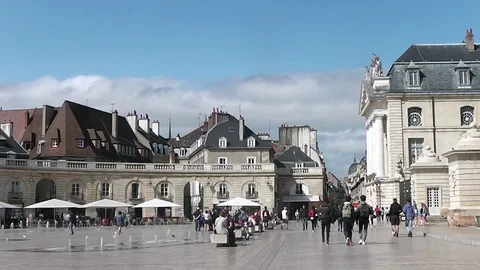 Fountain square Dijon pedestrians movement 060917 Stock Footage 80764754