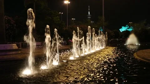 Fountain in the square in the modern district of Macao in the evening Stock-Footage 50004475