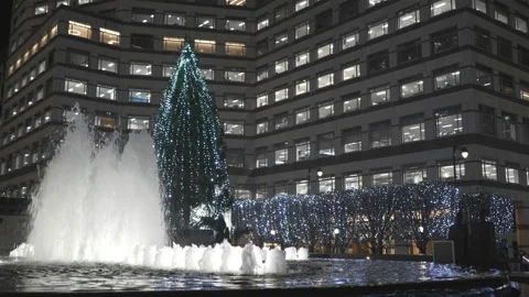 A fountain on a square surrounded by decorated Christmas tree and bushes. Stock Footage 221570290