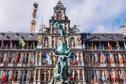 Fountain statue of Brabo throwing the severed hand of Antigoon into the Schel Stock Photos