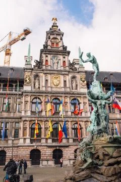Fountain statue of Brabo throwing the severed hand of Antigoon into the Schel Stock Photos