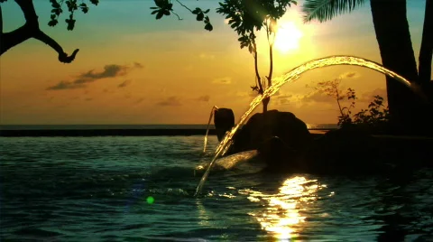 Fountain sundown ocean pool Stock Footage 846724