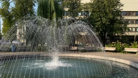 Fountain at Washington square in Vilnius, Lithuania. Panoramic shot Stock Footage 250408364