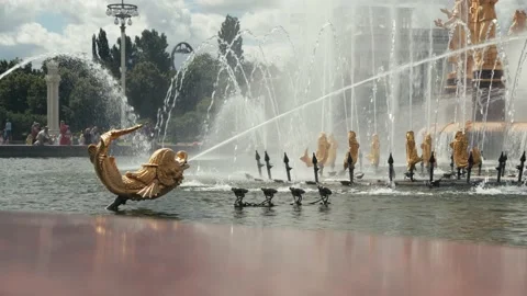 Fountain water stream splashing through mouth of decorative golden fish statue Stock-Footage 209968084