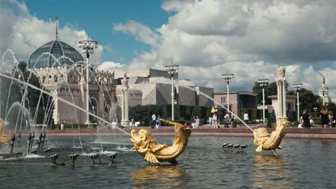 Fountain water stream splashing through mouth of decorative golden fish statue Video stock 209968211
