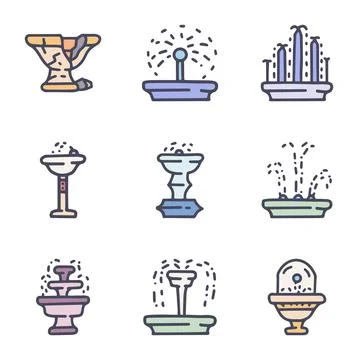 Fountains color vector doodle simple icon set Ilustración de archivo