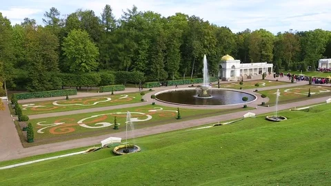 Fountains of Peterhof from above Stock Footage 76086604