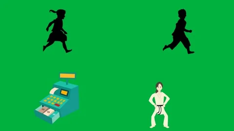 Four 2d characters black ninja black karateka green book blue pencil. Stock Footage 310122990