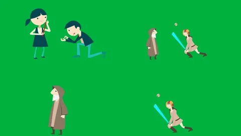 Four 2d characters blue boy green girl brown dog yellow cat on green. Stock Footage 310122977