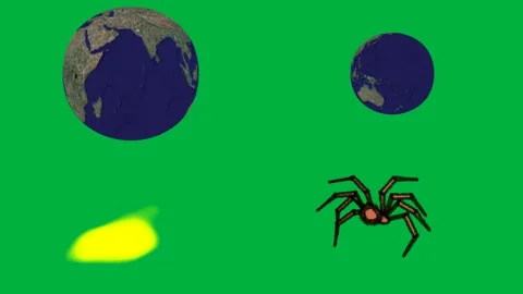 Four 2d characters Earth Moon spider and banana on green screen chroma key. Stock Footage 310121594