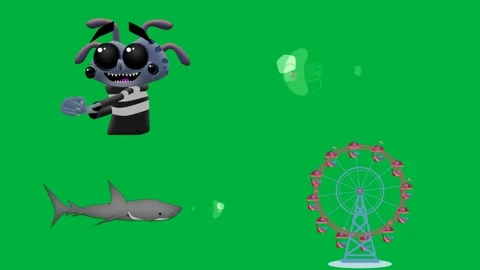 Four 2d characters gray monster spider purple ferris wheel and yellow. Stock Footage 310121592