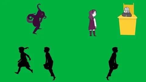 Four 2d characters purple vampire yellow trash can black running man green. Stock Footage 310122991