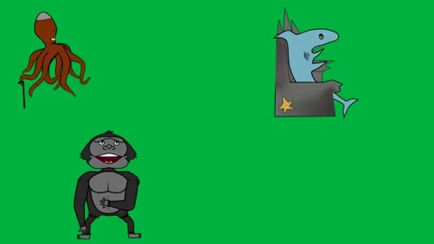 Four 2d characters red octopus robot dragon painting and brown frame. Stock Footage 310121583