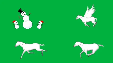 Four 2d characters snowman penguin white horse and flying dove on green. Stock Footage 310121582