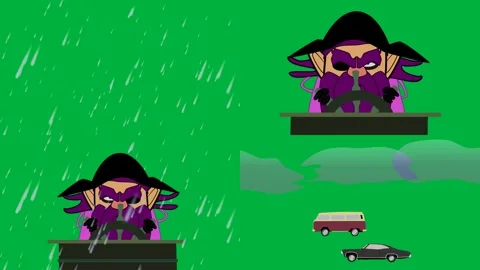 Four 2d characters witch cauldron black hat and green potion on green. Stock Footage 310121551