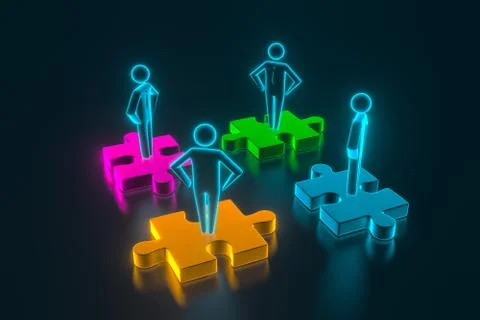 Four 3d man are standing on pieces of the puzzle. 3d rendering Stock Illustration
