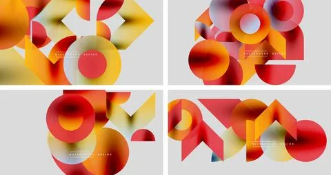 Four abstract backgrounds. Overlapping circles, triangles create vibrant color Stock Illustration