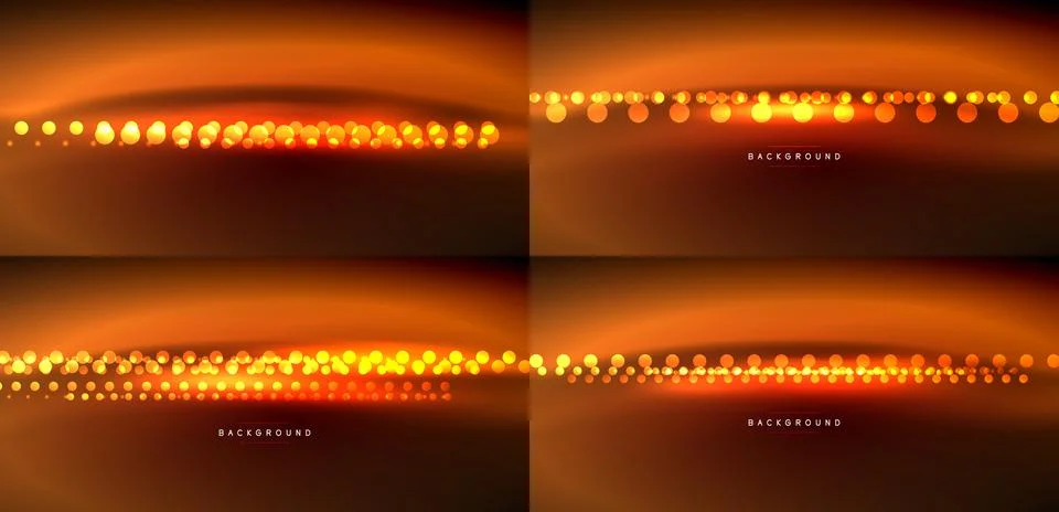 Four abstract backgrounds. Warm orange hues dominate, featuring glowing dots Stock Illustration