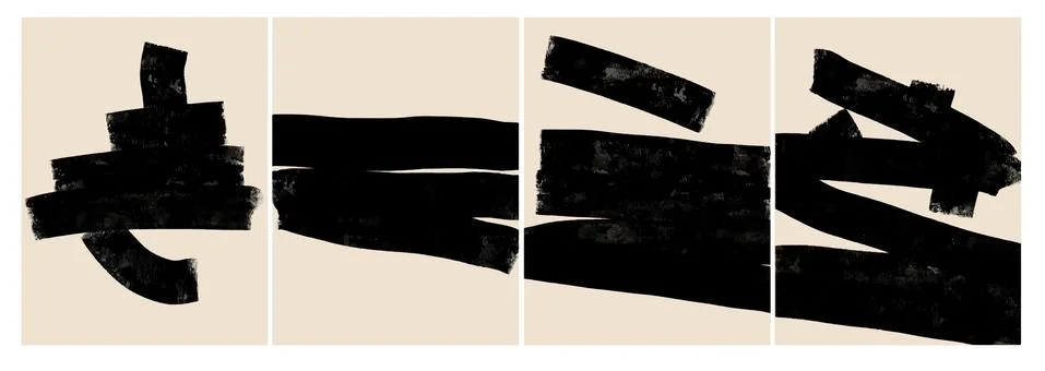 Four abstract minimalistic paintings.Black horizontal lines drawn carelessly Stock Illustration