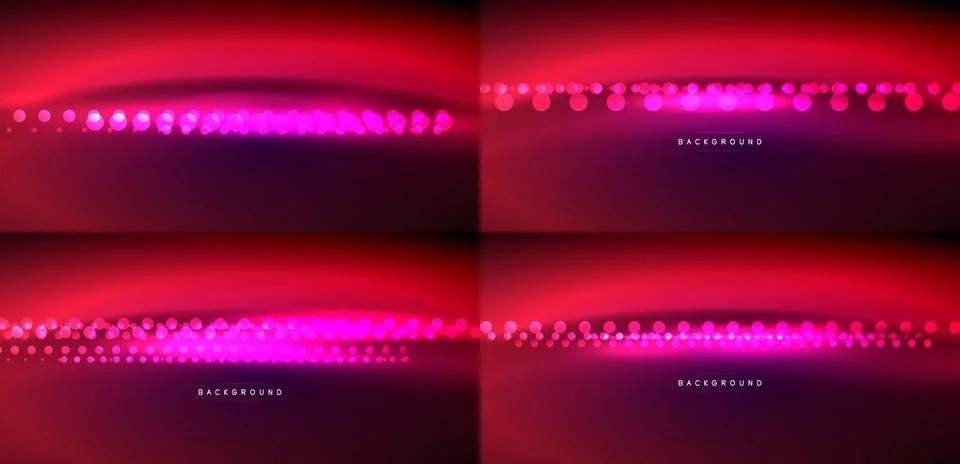 Four abstract red backgrounds. Each features glowing dots, curved shapes, dar Stock Illustration
