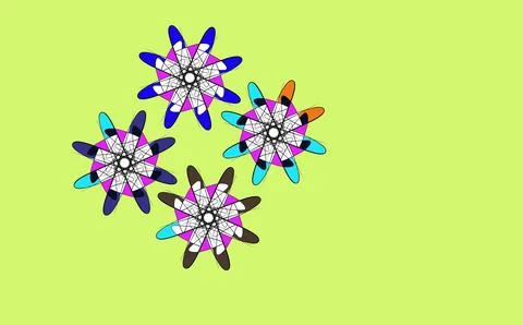 Four Abstract Starburst Floral Emblems on Lime Green Stock Illustration