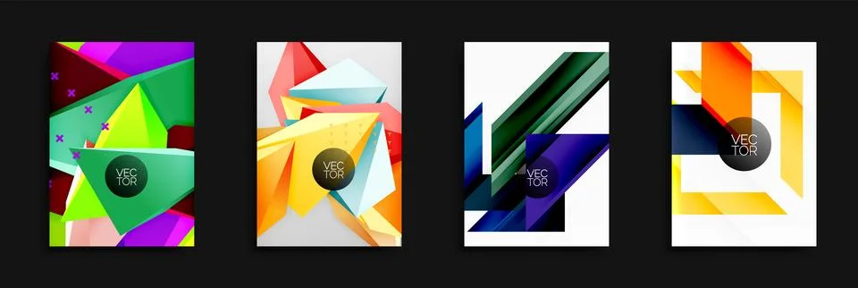 Four abstract vector backgrounds. Geometric shapes overlap, creating dynamic イラスト素材