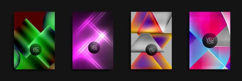 Four abstract vector backgrounds. Vibrant neon colors, geometric shapes, dynamic Stock Illustration