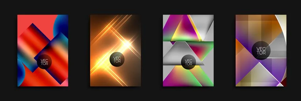 Four abstract vector designs. Each features vibrant color gradients, geometric Stock Illustration