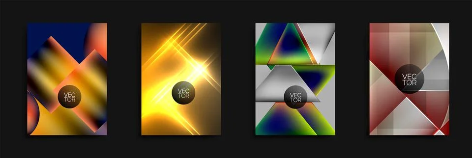 Four abstract vector designs. Each features dynamic geometric shapes, vibrant Stock Illustration