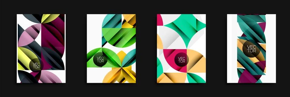 Four abstract vector designs. Geometric shapes overlap, creating dynamic Stock Illustration