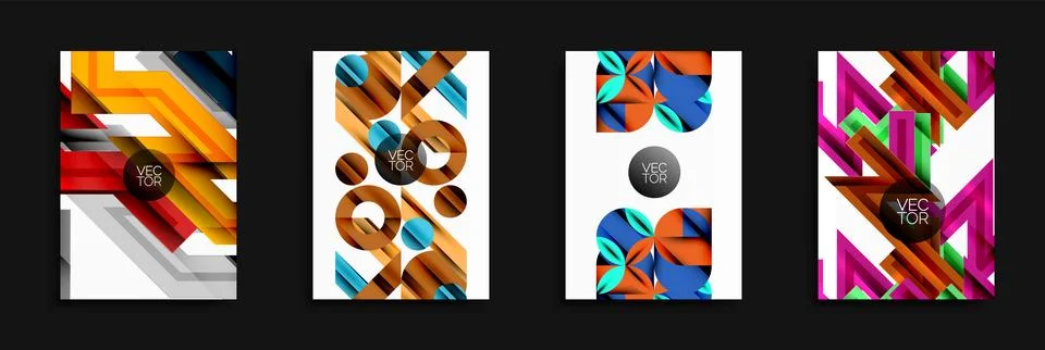 Four abstract vector designs. Geometric shapes overlap, creating dynamic Illustrazione stock