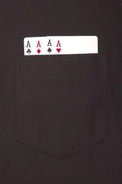 Four ace cards inside   front pocket black male shirt Stock Photos
