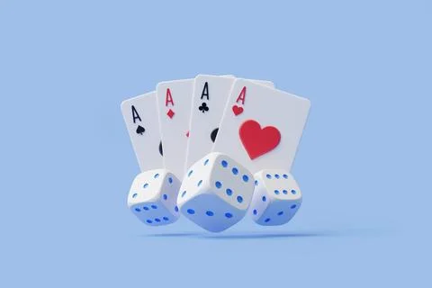 Four Aces with Dice on Light Blue Background. 3D render illustration Stock Illustration