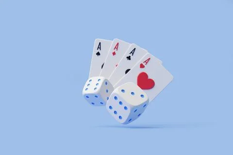 Four Aces with Dice on Light Blue Background. 3D render illustration Stock Illustration