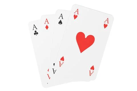 Four aces playing cards overlapping on white background, flat lay top view .. Stock Illustration