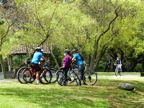 Four active cyclist at break stop at the park, Ecuador Stock Photos