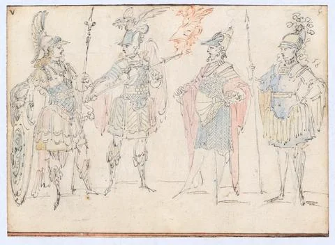 Four Actors in Heroic Costume, with a Study of a Helmeted Head Claude Gillo.. Stock-Fotos