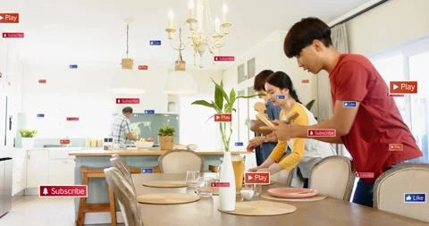 Four adults bringing plates and arranging dining table for food, animated icons Stock Footage 321363062