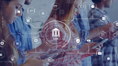 Four adults tapping devices, starting banking HUD, icons linking and exchanging Stock Footage 334884223