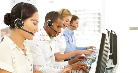 Four agents typing keys launching code overlay cycling HTML and cybersecurity Stock Footage 326891627
